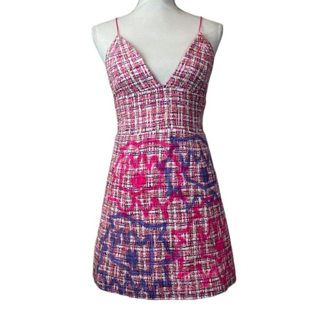 Alice + Olivia Carli Tweed Custom Graffiti Print Mini Dress Strappy Pink Size 2